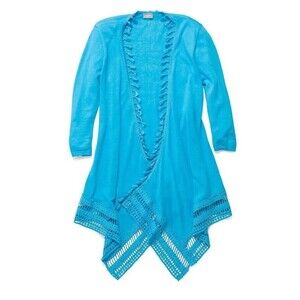 Chicos Tassel Cardigan Blue Linen Cotton Blend Sweater Womens Size 2 US L